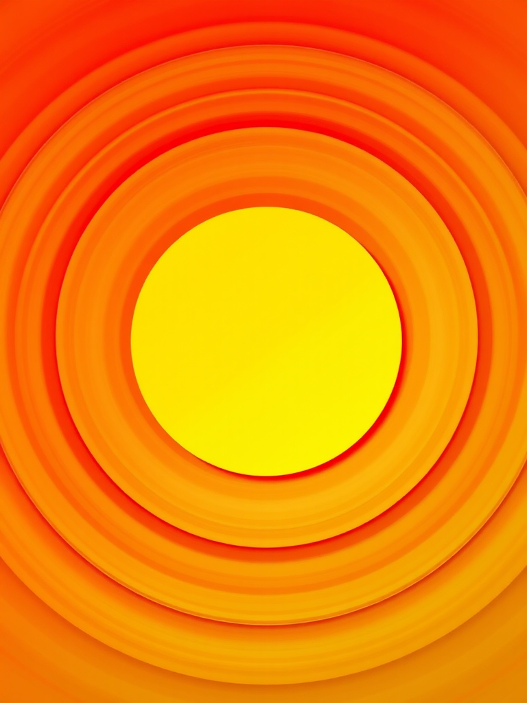 Create a vibrant abstract design featuring a large yellow circle at the center surrounded by concentric rings in shades of orange and red, using a 50mm lens, f/8 aperture, ISO 100, shot from a straight-on perspective with a digital DSLR camera to enhance image quality.