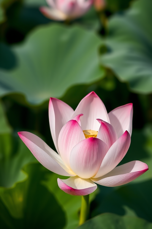 Capture a close-up of a blooming lotus flower with soft pink and white petals, surrounded by lush green leaves, using a DSLR camera with a 50mm lens, aperture set to f/2.8, ISO 100, natural light, focus on the flower's details, shallow depth of field for background blur.