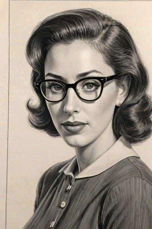 Resplendent Catherine Reitman, pencil sketch, portrait of Fascinating woman 1950s in glasses, hair style beatnik, outline, clear lines, fine lines, 8k