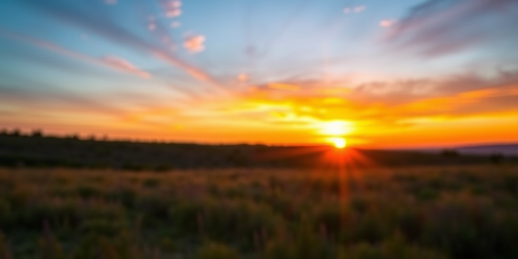 Create a high-resolution image of a landscape at sunset with vibrant colors, using a DSLR camera, 50mm lens, aperture f/2.8, ISO 100, and a shallow depth of field for a soft background blur.