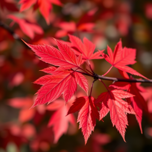 capture a close-up of vibrant red autumn leaves on a branch with a shallow depth of field, using a DSLR camera with a 50mm lens, aperture f/2.8, ISO 200, and natural lighting for enhanced color saturation and detail