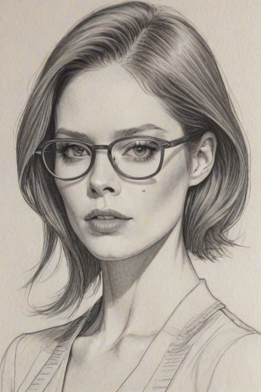 Radiant Coco Rocha, pencil sketch, portrait of Comely woman 1978s in glasses, hair style beatnik, outline, clear lines, fine lines, 8k