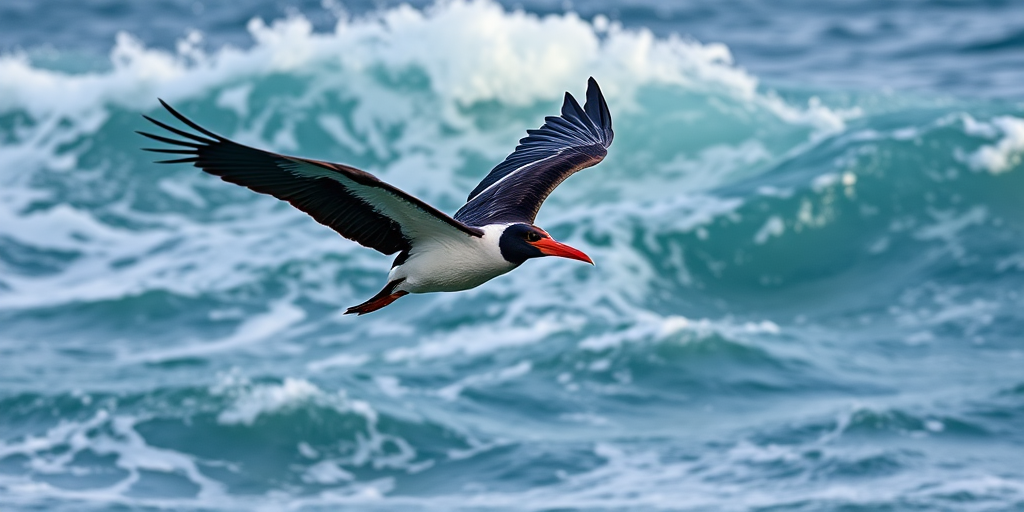 Capture a close-up shot of a magnificent frigatebird in mid-flight against a backdrop of crashing ocean waves, using a Canon EOS R5 with an EF 70-200mm f/2.8L IS III USM lens, aperture set to f/4 for sharp focus, ISO 100 for clarity, and a shutter speed of 1/2000 sec to freeze the motion, ensuring vibrant colors and high detail in the feathers and water.