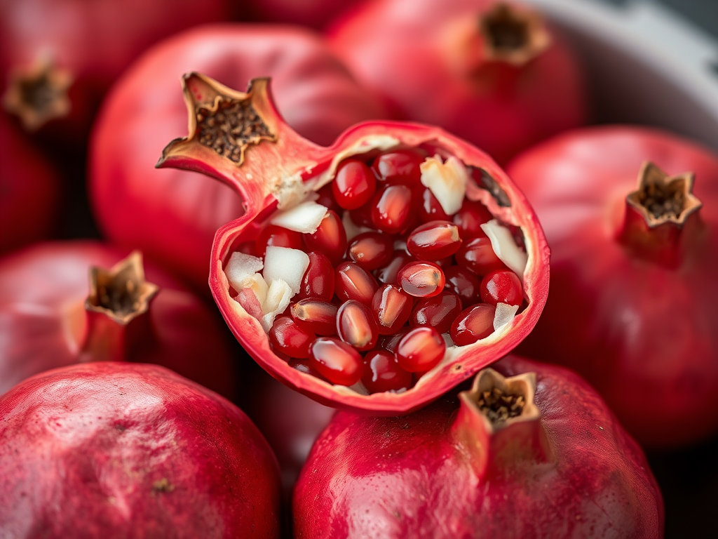 High-resolution close-up of pomegranates with one split open revealing seeds, taken with a Canon EOS R5, 50mm lens, aperture f/2.8, ISO 100, natural lighting, focus on the texture and color of fruits.