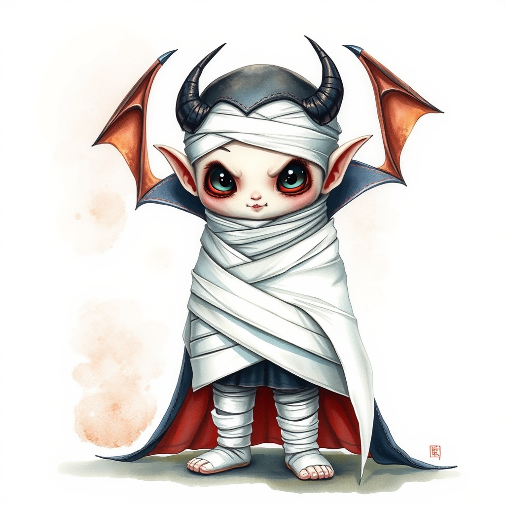 hyperrealism watercolor illustration. cute Dracula with white wrap wrapped like an upright walking mummy.