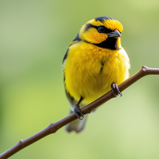 Close-up of a vibrant yellow and black bird perched on a branch with a soft blurred green background, captured with a DSLR camera at f/2.8, ISO 200, shutter speed 1/500s, using a 100mm macro lens in natural light.