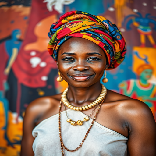 portrait of an African woman wearing a colorful headwrap and jewelry standing against a vibrant abstract background, natural light, 50mm lens, f/1.8, ISO 100, soft focus, Canon DSLR