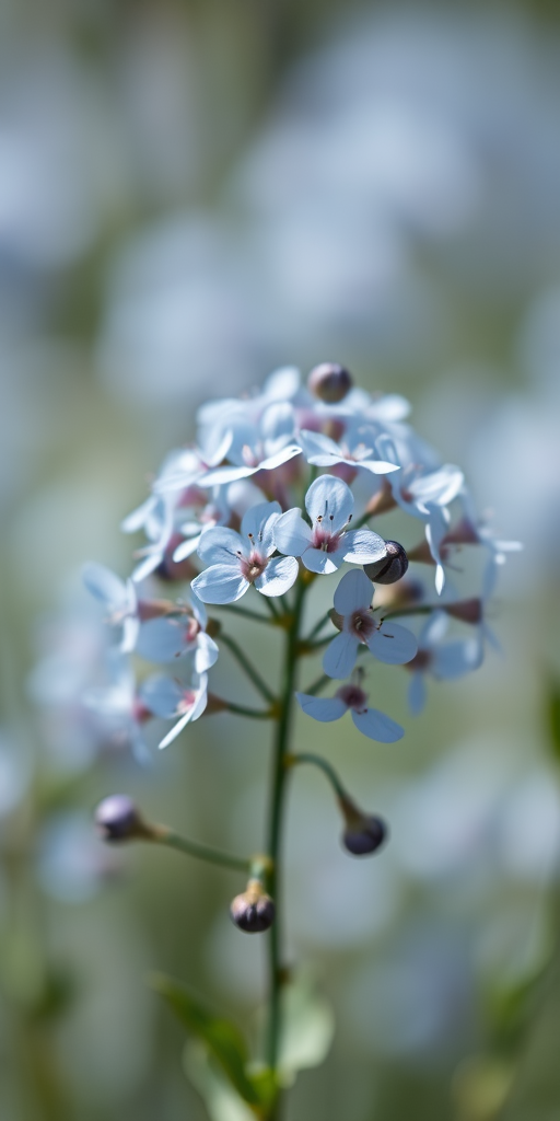 Capture a detailed close-up of delicate light blue flowers against a soft blurred background, using a Canon EOS R5 camera, 50mm f/1.2 lens, f/1.8 aperture, ISO 100, and a shutter speed of 1/200 seconds in natural light for enhanced clarity and vibrant colors.