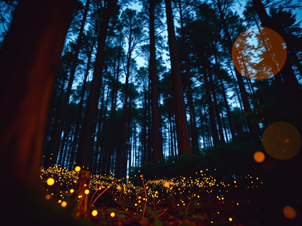 Capture a mystical forest scene at dusk with glowing fireflies, using a Canon EOS R5, 24mm wide-angle lens, f/2.8 aperture, ISO 800, with a shallow depth of field to enhance bokeh, shot from a low angle to emphasize the illuminated forest floor and tall trees, ensuring soft lighting and vibrant colors for an ethereal atmosphere.