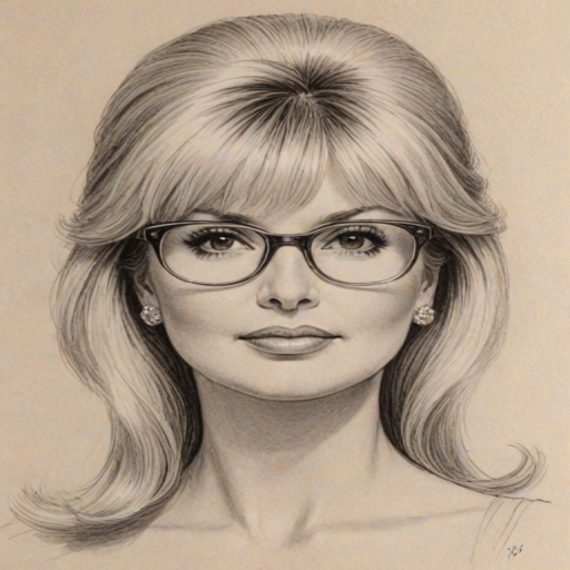 Fascinating Ivana Trump, pencil sketch, portrait of Lovely woman 1967s in glasses, hair style beatnik, outline, clear lines, fine lines, 8k