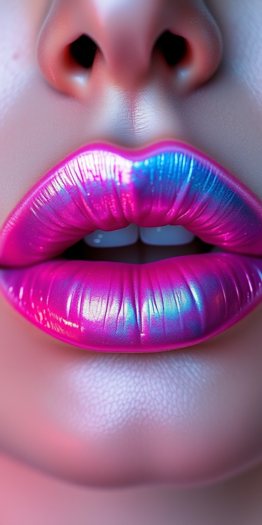 Ethereal iridescent lips shifting from pink to blue, gossamer-thin shimmer overlay, ethereal and otherworldly appearance, magical Fairy Wing Shimmer style