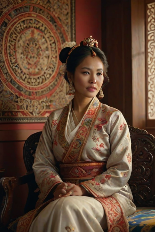A beautiful Nepali woman in traditional East Asian attire, intricately detailed with embroidered patterns, sitting gracefully in a richly decorated room, soft ambient lighting, serene and elegant, ultra-realistic, 8K resolution
