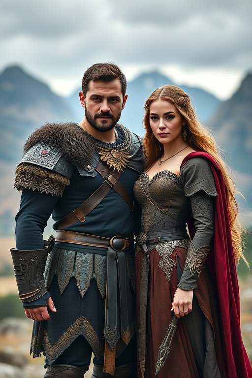 Create a high-resolution fantasy portrait of a strong man and a beautiful woman standing together in an epic landscape, use a Canon EOS R5 with an 85mm lens at f/1.4, ISO 100, and a shutter speed of 1/200s, soft natural lighting with a shallow depth of field to emphasize their detailed costumes and expressions.