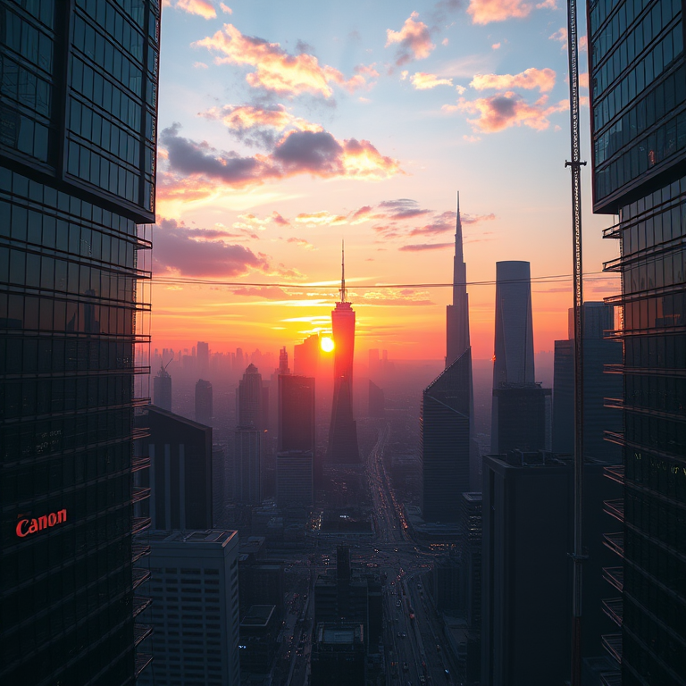 Create a high-resolution digital illustration of a futuristic city skyline at sunset, captured with a Canon EOS R5, 35mm lens, aperture f/8, ISO 100, using a wide-angle view for depth and a panoramic style.