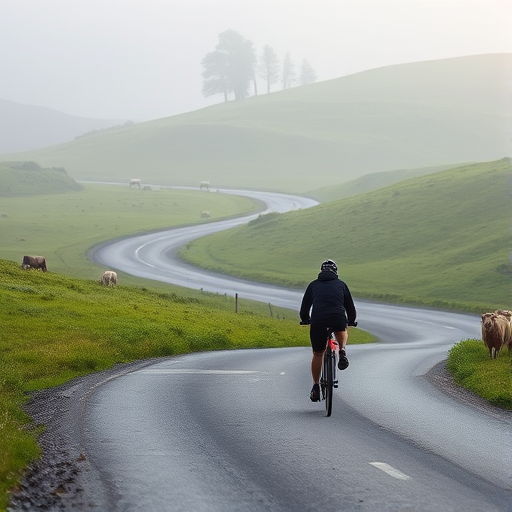 Lone cyclist riding through a misty countryside, the road winding through green hills, with sheep grazing in nearby fields and early morning fog lingering in the air.