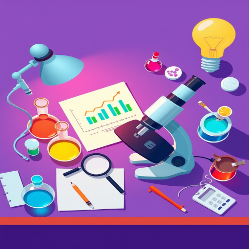 Create a vibrant digital illustration of a scientific workspace featuring a microscope, beakers with colorful liquids, a magnifying glass, graphs on a sheet of paper, and a light bulb, with a purple background, using a Canon EOS R5, 50mm lens, f/2.8 aperture, ISO 100, in a top-down view for enhanced clarity and color saturation.