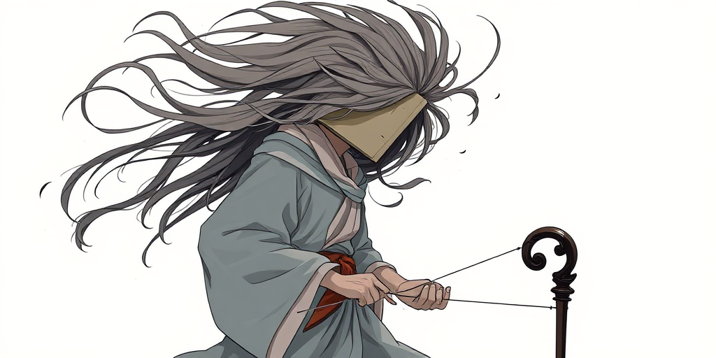 Create a high-resolution illustration of a figure with a book for a head, wearing a flowing robe and holding a cane, with dynamic hair flowing as if in motion, utilizing a Canon EOS R5, 50mm lens, f/2.8 aperture, ISO 100, and a slight tilt for artistic effect.