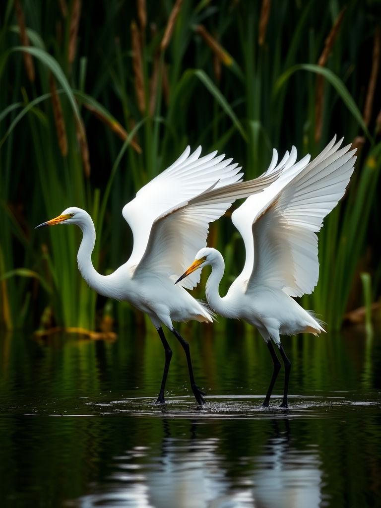 capture a pair of elegant white egrets displaying their wings in a serene water setting with lush green reeds in the background, use a Canon EOS R5 with a 100mm f/2.8L macro IS USM lens, aperture set to f/4, ISO 200, shutter speed 1/500s, focus on the birds with a shallow depth of field to blur the background for a dreamy effect
