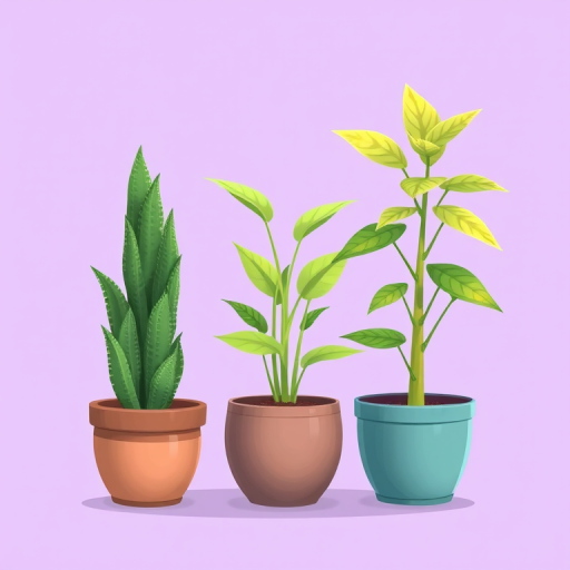 Create a digital illustration of three potted plants with varying heights and textures against a soft purple background, using a high-resolution camera setting of 300 DPI, a macro lens for detailed close-ups, a focused view to enhance plant details, and a digital art style for vibrant colors and sharp contrasts.