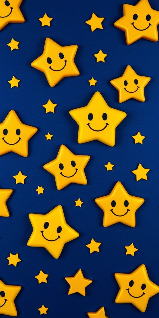 Create a whimsical pattern of smiling golden stars on a deep blue background, 50mm lens, f/8 aperture, 1/250 sec shutter speed, shot from a top-down view using a digital mirrorless camera to enhance image clarity and detail.