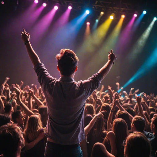 Lively concert scene, with a crowd enjoying live music, colorful lights illuminating the stage, and a performer engaging the audience, creating a feeling of excitement and energy.