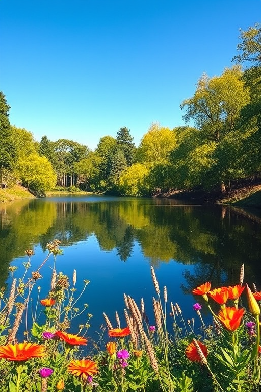 Create an image of a serene landscape featuring a calm lake surrounded by lush trees, vibrant flowers, and a clear blue sky, captured with a Canon EOS R5, 24mm lens, f/11 aperture, ISO 100, in natural light, with a wide-angle view to emphasize depth and tranquility.