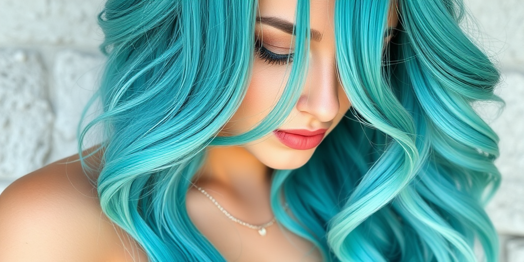 Effervescent turquoise-haired mermaid showcasing beach waves with subtle ombré effect, transitioning to seafoam green tips