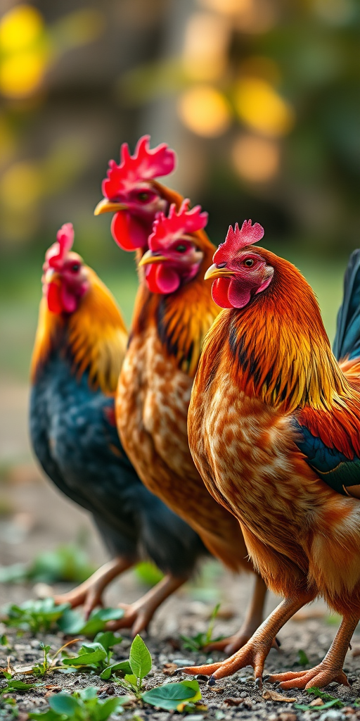 create an illustration of four colorful chickens walking together in a natural setting using a Canon EOS R5 camera with a 50mm lens, aperture f/2.8, ISO 100, and a soft focus background to enhance the vibrant colors and details of the chickens