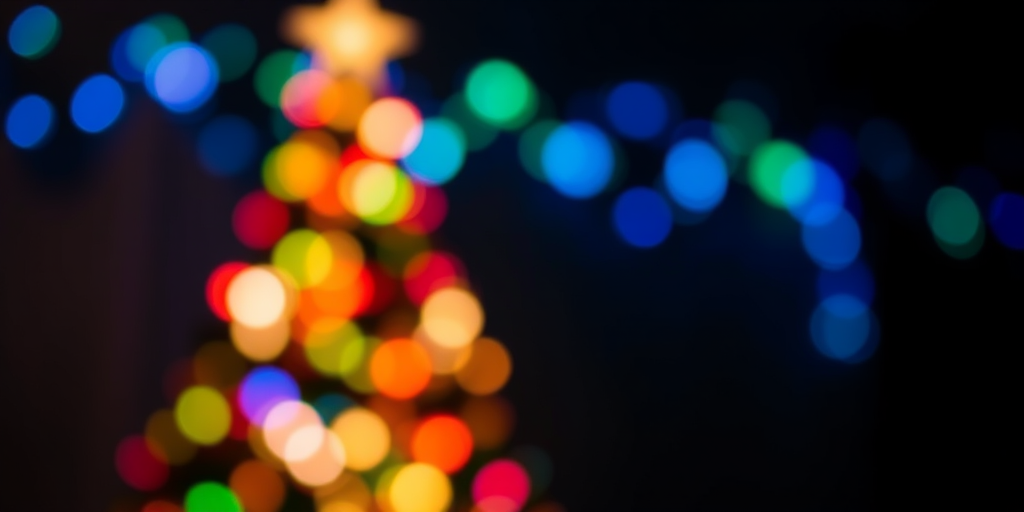 create an abstract image of a Christmas tree made of colorful bokeh lights on a dark background, using a 50mm lens, f/1.8 aperture, ISO 200, 1/60s shutter speed, taken from a slightly elevated angle with a soft focus effect.