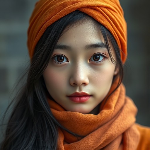 Create a portrait of a young Korean woman with long, dark hair and captivating hazel eyes. She is wearing a orange headscarf and a matching scarf draped gracefully around her neck. The background is softly blurred, focusing attention on her serene and natural expression. The overall color palette is muted and warm, enhancing the intimate and authentic feel of the portrait.