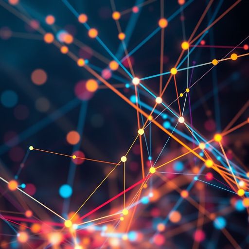 Create a vibrant abstract digital background with interconnected lines and nodes, high resolution, using a Canon EOS R5 camera, aperture f/8, ISO 100, 24mm focal length, high dynamic range imaging, and a shallow depth of field for enhanced detail and clarity.