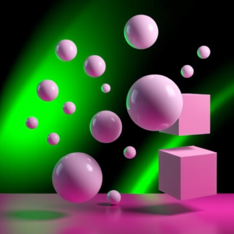 Generate a 3D abstract image featuring floating geometric shapes like spheres and cubes with a glowing green and black background, use a Canon EOS 5D Mark IV, aperture f/8, ISO 100, 50mm lens, and a high dynamic range setting for enhanced details.