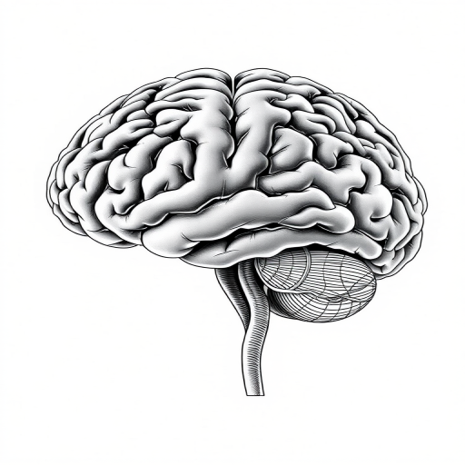 Create a highly detailed illustration of a human brain with intricate line work, using a Canon EOS R6 camera with a 50mm lens, f/8 aperture, ISO 100, and soft diffused lighting for enhanced clarity and depth.
