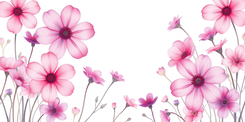 Create a high-resolution illustration of whimsical flowers in soft pink and purple hues with a light pastel background, using a 50mm lens with an aperture of f/2.8, shot from a top-down view in a watercolor style on a digital camera.