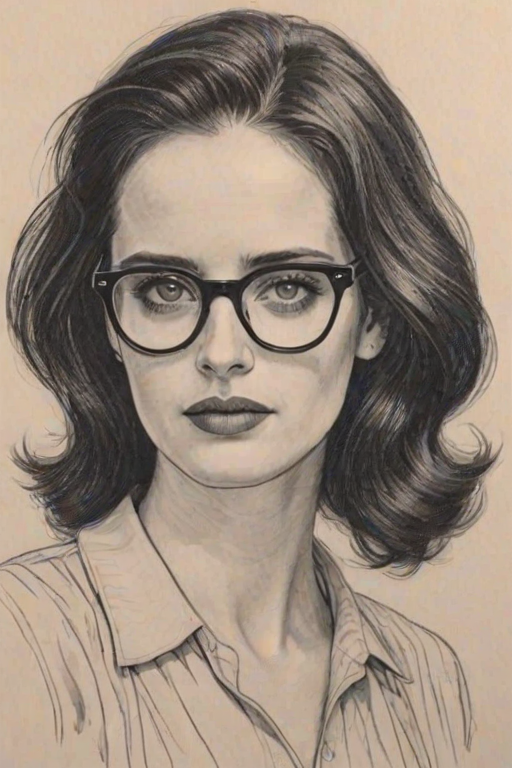 Attractive Eva Green, pencil sketch, portrait of Enticing woman 1955s in glasses, hair style beatnik, outline, clear lines, fine lines, 8k