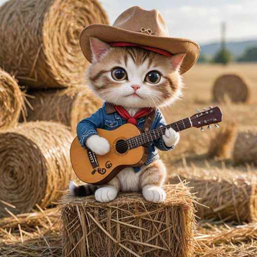A chibi cat, dressed as a cowboy, playing guitar, sitting on a hay bale