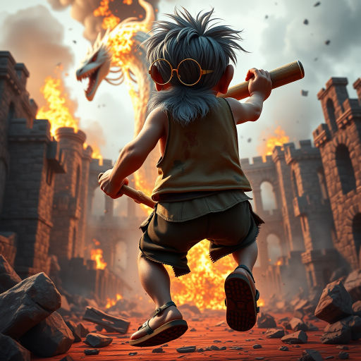 Cartoon 3D High-Resolution,dynamic battle scene using Unreal Engine 5 and Octane Render. The scene features back of an elderly, thai man with a beard,messy hair and round golden-rimmed glasses. He is wearing a tattered tank top with soot marks, shorts, and sandals. sweating. he wields a baseball bat. He jump to fight with a white fire-breathing Europe dragon amidst a partially destroyed stone castle. Include intense flames, smoke, and debris to enhance the dramatic effect.