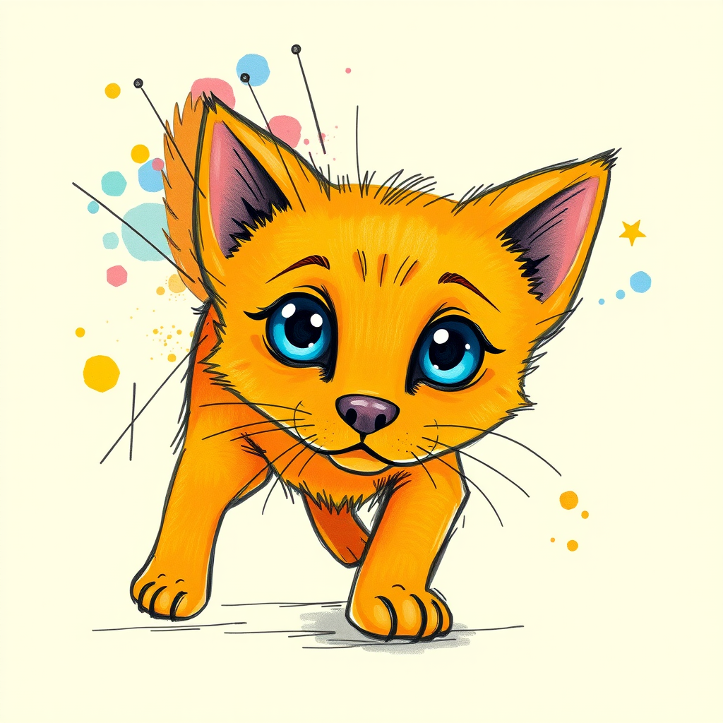 A vibrant childs coloured pencil drawn illustration of a bright orange dog with large, expressive blue eyes, a very cute style. The dog appears to be walking towards the viewer, surrounded by an abstract splash of colors and fine black lines, giving the image a dynamic and artistic flair. The background is a soft beige, highlighting the cat's vivid coloration and playful demeanor. Naively drawn scratchy line style.