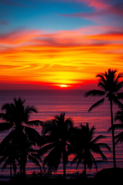 regenerate a vibrant sunset over a calm ocean horizon with silhouetted palm trees in the foreground, captured with a Canon EOS 5D Mark IV, aperture f/8, shutter speed 1/200s, ISO 200, wide-angle lens, ensuring high resolution and vivid colors