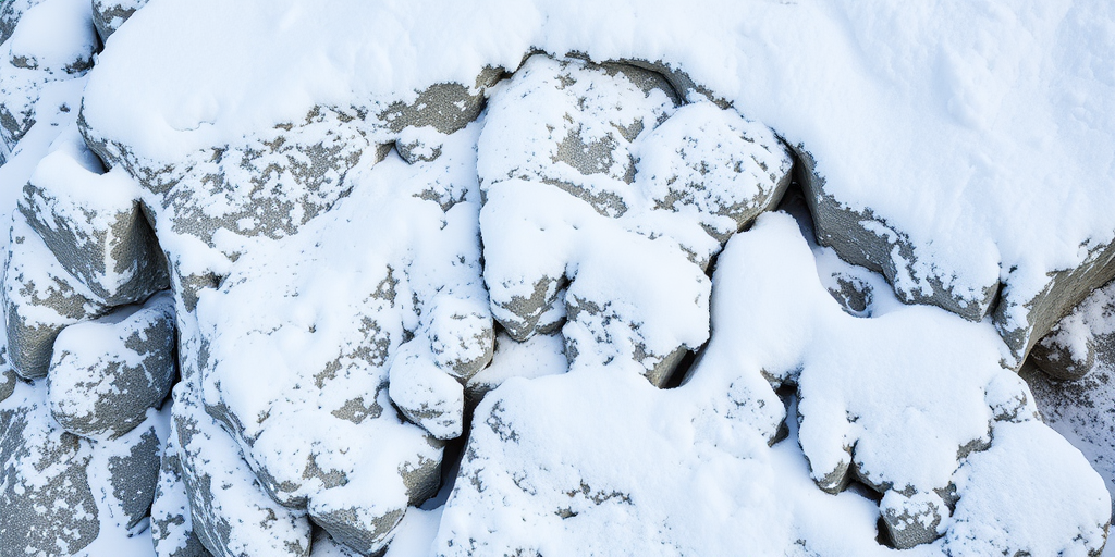 Create a high-resolution image of a snow-covered rock formation with intricate textures, shot with a Canon EOS R5 at f/8, ISO 100, 24mm focal length, in natural light, with a focus on enhancing the depth and detail of the snow and rock surfaces.