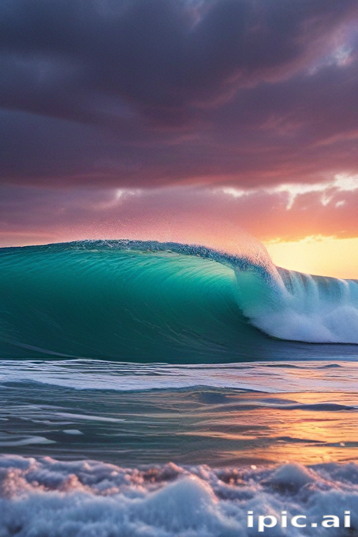Majestic Ocean Wave Crashing Under a Colorful Sunset Sky
