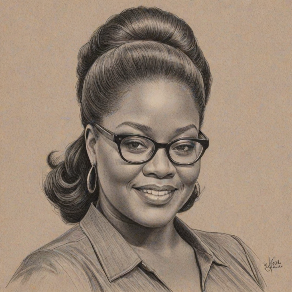 Charming Loretta Devine, pencil sketch, portrait of Exquisite woman 1965s in glasses, hair style beatnik, outline, clear lines, fine lines, 8k
