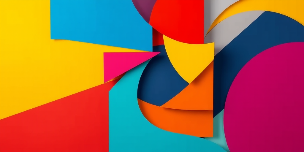 Create an abstract design with bold colors and geometric shapes, captured with a Canon EOS R5, 50mm lens, f/1.8 aperture, ISO 100, 1/250 sec shutter speed, in a high-resolution studio setting with soft, even lighting.