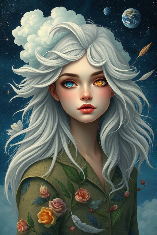 Create a series of imaginative portraits where each subject is infused with elements of fantasy and nature. The hair of the individuals should flow like clouds, varying from soft, fluffy cumulus to wispy cirrus strands, with hints of color reflecting a sunset or a clear blue sky. The eyes should be windows to entire galaxies, with stars, nebulae, and distant planets visible within them. Clothing should be adorned with nature motifs, such as floral patterns that bloom and change, vines that seem to grow and wrap around, or feathers that shimmer with iridescence. Each portrait should capture a unique personality, blending human features with the ethereal beauty of the natural and cosmic world. The backgrounds can vary, from starry night skies to enchanted forests, adding depth and context to the magical realism of the portraits