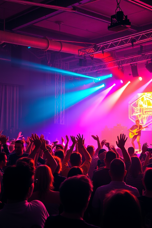 Lively concert scene, with a crowd enjoying live music, colorful lights illuminating the stage, and a performer engaging the audience, creating a feeling of excitement and energy.