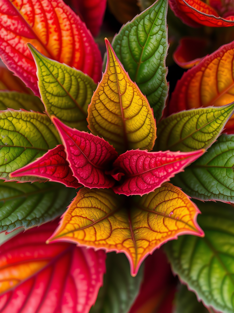 regenerate an image of colorful leaves with vibrant greens and reds, close-up view, captured with a macro lens at f/2.8, 1/200 sec shutter speed, ISO 100, natural light for enhanced texture and detail.