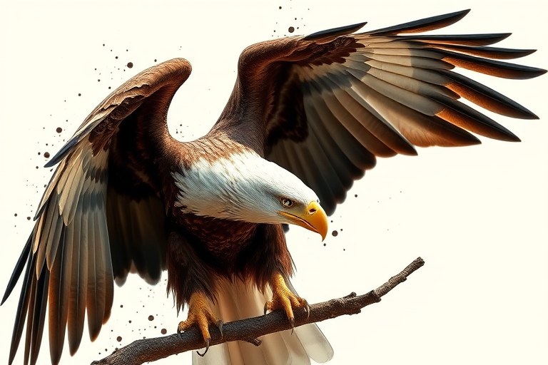 Regenerate an image of an eagle perched on a branch with its wings spread, using a macro lens, f/4 aperture, ISO 200, 1/500s shutter speed, in high-resolution digital art style, focused on fine details and vivid colors against a light splash background.
