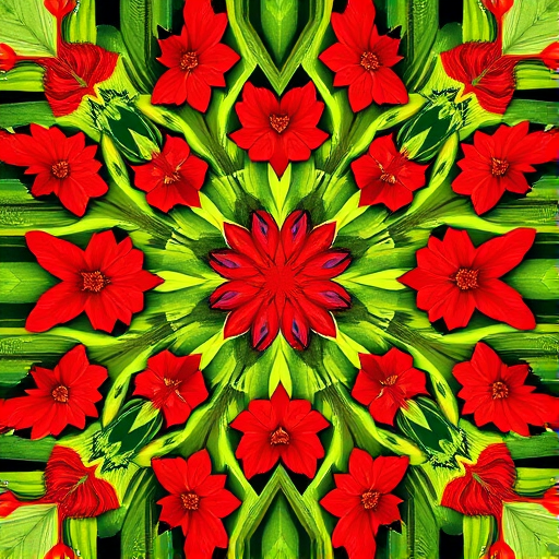 Create a vibrant and intricate geometric pattern featuring red flowers, green leaves, and a bold central red line, captured with a DSLR camera at f/2.8 aperture, ISO 100, 50mm lens, top-down perspective, in bright natural light to enhance color saturation and detail.