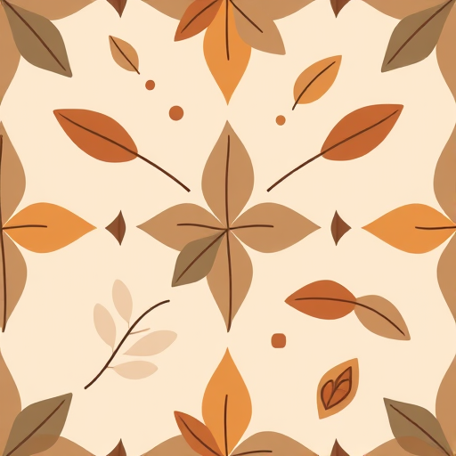 Create a high-resolution pattern design featuring abstract leaves and shapes in earthy tones with a soft pastel background, captured with a DSLR camera at f/8, ISO 100, 50mm lens, top-down view, vibrant color mode for enhanced saturation.