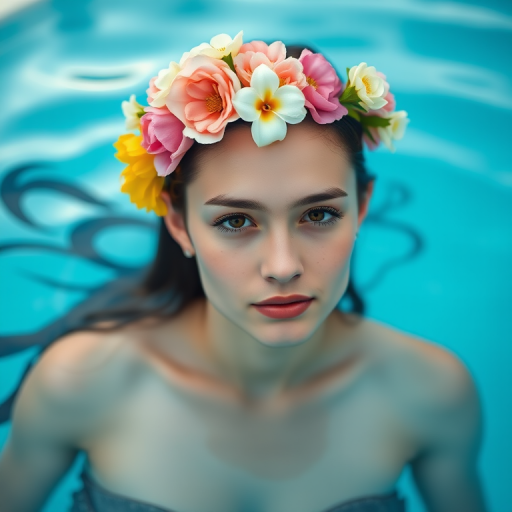 portrait of a young woman with a floral crown in a serene blue pool, soft lighting, vivid colors, shallow depth of field, captured with a Canon EOS R5, 50mm lens, f/1.8, ISO 100, 1/200s, natural light, vibrant and dreamy atmosphere